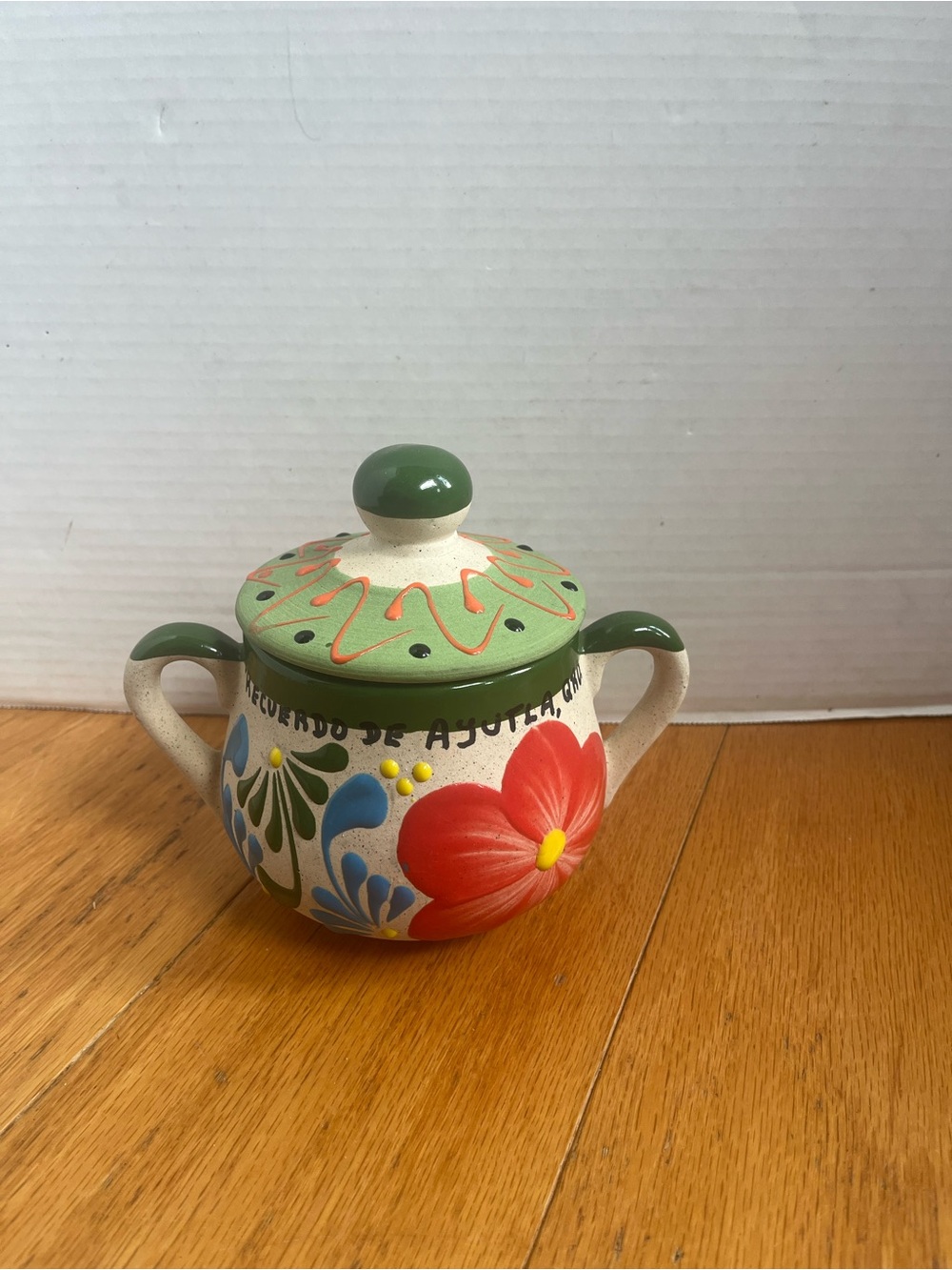 Hand-Painted Floral Ceramic Sugar Jar with Lid - Green & Red